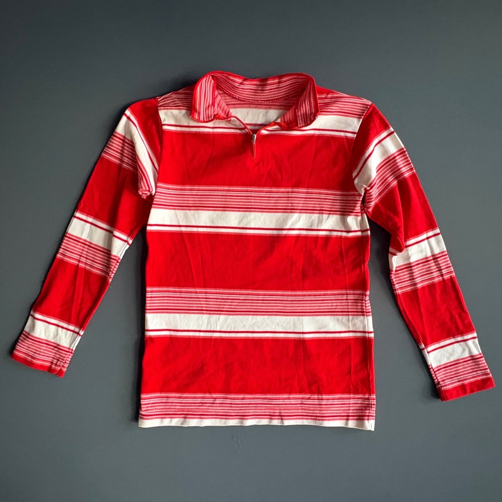 Vintage 1960s Kids Red White Striped Quarter Zip Pullover | Est Sz 10/12